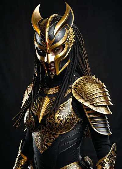 Photorealistic cinematic full-body portrait of a powerful female Predator warrior, highly detailed black and gold ornate armor, sleek black helmet with intricate golden decorative patterns and a sharp white-gold crest on top, glowing intense orange eyes, feminine version of the classic Predator mask with gold jaw and faceplate. Long thick black dreadlocks with gold rings and red beads flowing down her back and shoulders. Form-fitting black textured bodysuit with ornate golden chest armor featuring intricate filigree and embossed patterns, large ornate gold shoulder pauldrons, gold vambraces and gauntlets, wide gold belt with detailed central buckle, black mesh panels on arms and sides. She holds a sharp curved blade in her right hand. Confident powerful three-quarter standing pose, dramatic cinematic lighting with strong rim light and highlights on gold armor, deep shadows