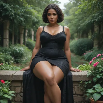 dark skin black zambian thick and curvy black african thighs asmr, milf thick juicy thighs and legs zooming in on her beautiful juicy thick black thick thighs and legs in dress sitting outside in a bright lit garden wearing a seethru dress looking down