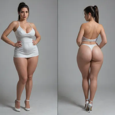 Sexy adult realistic illustration of a sultry, Voluptuous young woman, Photorealistic diptych portrait of the same curvy woman in, (two panels side-by-side:1.3), against a seamless studio background separated by a thin vertical gap, left panel full-frontal view, right panel full-back view, model wearing a form-fitting, (red:1.3), micro mini bodycon dress with deep V neckline, (large cleavage:1.3), (hyper erect nipples:1.3), in front and low scoop back, white high heels, left pose, confident stance, one hand on hip, other hand lightly touching collarbone, soft natural expression, subtle makeup, loose bangs framing face, right pose, hands on hips, hair pulled into a mid-height ponytail revealing back, weight shifted to one leg, even soft studio lighting, clean soft shadows, high detail skin texture, realistic cloth folds, accurate anatomy and proportions, cinematic color grading, ultra-detailed 4k photoreal, crisp edges, neutral tones, minimal post-processing., (detailed skin texture:1.2), soft expression, massive underbutt, (curvaceous body type:1.3), (huge round ass:1.3), (massive round ass:1.3), (bulging bubble butt:1.3), cleft ass, deep buttcrack, (suggestive pose:1.3), (8k, ultra sharp, professional), <lora:bottomheavy_v1_sdxl_LoRA:2>, <lora:BodyLicious:2>, <lora:4panel:.8>