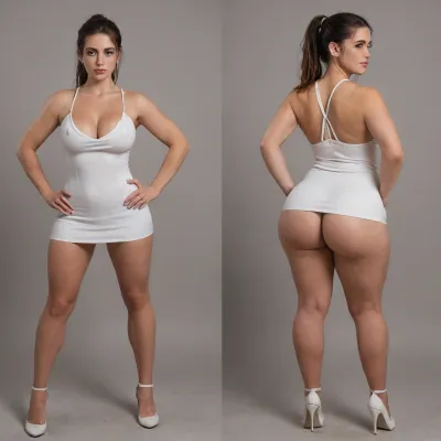 Sexy adult realistic illustration of a sultry, Voluptuous young woman, Photorealistic diptych portrait of the same curvy woman in, (two panels side-by-side:1.3), against a seamless studio background separated by a thin vertical gap, left panel full-frontal view, right panel full-back view, model wearing a form-fitting, (red:1.3), micro mini bodycon dress with deep V neckline, (large cleavage:1.3), (hyper erect nipples:1.3), in front and low scoop back, white high heels, left pose, confident stance, one hand on hip, other hand lightly touching collarbone, soft natural expression, subtle makeup, loose bangs framing face, right pose, hands on hips, hair pulled into a mid-height ponytail revealing back, weight shifted to one leg, even soft studio lighting, clean soft shadows, high detail skin texture, realistic cloth folds, accurate anatomy and proportions, cinematic color grading, ultra-detailed 4k photoreal, crisp edges, neutral tones, minimal post-processing., (detailed skin texture:1.2), soft expression, massive underbutt, (curvaceous body type:1.3), (huge round ass:1.3), (massive round ass:1.3), (bulging bubble butt:1.3), cleft ass, deep buttcrack, (suggestive pose:1.3), (8k, ultra sharp, professional), <lora:bottomheavy_v1_sdxl_LoRA:2>, <lora:BodyLicious:2>, <lora:4panel:.8>