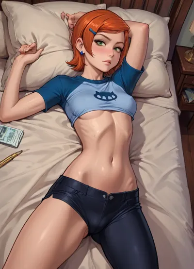 (Asura style), reiq style, masterpiece, 1girl, laying down, detailed stomach, detailed bellybutton, (stomach fetish:1.5), soft supple stomach, (stomach focus:1.2), (stomach close up:1), caressing stomach, oiled stomach, <lora:mk_Bp Anime_xl:1>, <lora:lineartSDXL:1>, <lora:EnvyBeautyXL01:2>, gwen, tennyson, (/Ben10), /, (ultra, HD, quality, details), bright, orange, hair, short, (green, eyes), <lora:Gwen Tennyson (Ben10) - XL SCXL V1.0:.8>