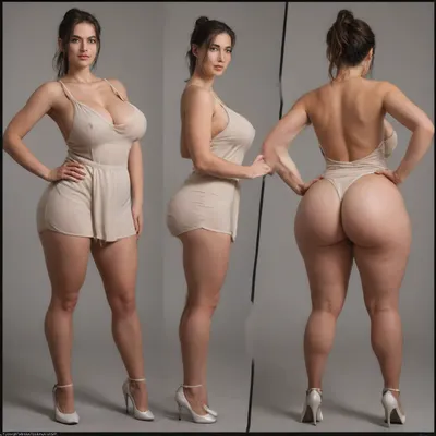 Sexy adult realistic illustration of a sultry, Voluptuous young woman, Photorealistic diptych portrait of the same curvy woman in, (two panels side-by-side:1.3), against a seamless studio background separated by a thin vertical gap, left panel full-frontal view, right panel full-back view, model wearing a form-fitting, (red:1.3), micro mini bodycon dress with deep V neckline, (large cleavage:1.3), (hyper erect nipples:1.3), in front and low scoop back, white high heels, left pose, confident stance, one hand on hip, other hand lightly touching collarbone, soft natural expression, subtle makeup, loose bangs framing face, right pose, hands on hips, hair pulled into a mid-height ponytail revealing back, weight shifted to one leg, even soft studio lighting, clean soft shadows, high detail skin texture, realistic cloth folds, accurate anatomy and proportions, cinematic color grading, ultra-detailed 4k photoreal, crisp edges, neutral tones, minimal post-processing., (detailed skin texture:1.2), soft expression, massive underbutt, (curvaceous body type:1.3), (huge round ass:1.3), (massive round ass:1.3), (bulging bubble butt:1.3), cleft ass, deep buttcrack, (suggestive pose:1.3), (8k, ultra sharp, professional), <lora:bottomheavy_v1_sdxl_LoRA:2>, <lora:BodyLicious:2>, <lora:4panel:.8>