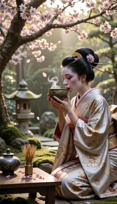 Cinematic photo of a traditional Japanese geisha in a lush Zen garden, cherry blossom tree in full bloom with falling pink petals, soft diffused sunlight filtering through the branches. The geisha is wearing an intricate silk kimono with gold embroidery, traditional 'Katsura' wig with ornate 'Kanzashi' hairpins, and white 'Oshiroi' makeup. She is holding a handmade 'Chawan' tea bowl to her lips, steam rising gently. Nearby, a low wooden table with a 'Chasen' bamboo whisk and a 'Natsume' tea caddy. Background features a stone 'Kasuga' lantern and a mossy path. Hyper-realistic textures, shallow depth of field, 8k resolution, serene atmosphere, soft bokeh."