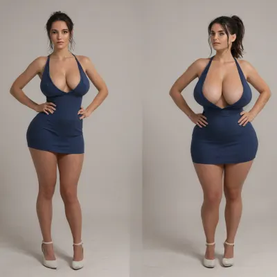Sexy adult realistic illustration of a sultry, Voluptuous young woman, Photorealistic diptych portrait of the same curvy woman in, (two panels side-by-side:1.3), against a seamless studio background separated by a thin vertical gap, left panel full-frontal view, right panel full-back view, model wearing a form-fitting, (red:1.3), micro mini bodycon dress with deep V neckline, (large cleavage:1.3), (hyper erect nipples:1.3), in front and low scoop back, white high heels, left pose, confident stance, one hand on hip, other hand lightly touching collarbone, soft natural expression, subtle makeup, loose bangs framing face, right pose, hands on hips, hair pulled into a mid-height ponytail revealing back, weight shifted to one leg, even soft studio lighting, clean soft shadows, high detail skin texture, realistic cloth folds, accurate anatomy and proportions, cinematic color grading, ultra-detailed 4k photoreal, crisp edges, neutral tones, minimal post-processing., (detailed skin texture:1.2), soft expression, massive underbutt, (curvaceous body type:1.3), (huge round ass:1.3), (massive round ass:1.3), (bulging bubble butt:1.3), cleft ass, deep buttcrack, (suggestive pose:1.3), (8k, ultra sharp, professional), <lora:bottomheavy_v1_sdxl_LoRA:2>, <lora:BodyLicious:2>, <lora:4panel:.8>