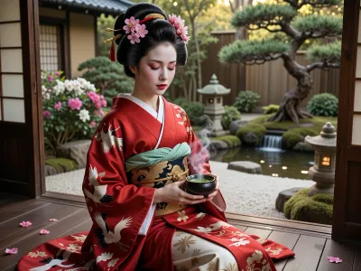 Photorealistic image of a beautiful young Japanese geisha sitting gracefully on the dark wooden engawa veranda of a traditional Japanese house in a serene zen garden. She has flawless white oshiroi makeup, subtle pink blush, and elegant red lips. Her eyes are gently closed in peaceful contemplation. Her glossy black hair is styled in an elaborate traditional geisha updo, richly adorned with pink cherry blossom kanzashi, red silk ribbons and golden hair ornaments. She wears a luxurious red silk kimono with intricate white and black crane embroidery and gold patterns, layered over a soft green and beige under-kimono, tied with a wide decorative obi. She holds a small dark ceramic matcha bowl with both hands, delicate steam rising from the hot green tea.

The background shows a meticulously maintained Japanese garden with raked white gravel, blooming pink and white azaleas, a moss-covered stone lantern, an old twisted pine tree, and a small waterfall into a pond. Warm golden hour sunlight filters softly through the green foliage, creating gentle highlights and peaceful shadows. Scattered pink flower petals lie on the wooden floor. Ultra realistic skin texture and makeup, intricate silk fabric details and folds, realistic steam, cinematic lighting, shallow depth of field, photorealistic, 8k resolution, masterpiece, best quality, highly detailed, tranquil Japanese atmosphere.