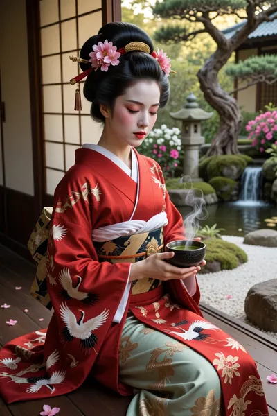 Photorealistic image of a beautiful young Japanese geisha sitting gracefully on the dark wooden engawa veranda of a traditional Japanese house in a serene zen garden. She has flawless white oshiroi makeup, subtle pink blush, and elegant red lips. Her eyes are gently closed in peaceful contemplation. Her glossy black hair is styled in an elaborate traditional geisha updo, richly adorned with pink cherry blossom kanzashi, red silk ribbons and golden hair ornaments. She wears a luxurious red silk kimono with intricate white and black crane embroidery and gold patterns, layered over a soft green and beige under-kimono, tied with a wide decorative obi. She holds a small dark ceramic matcha bowl with both hands, delicate steam rising from the hot green tea.

The background shows a meticulously maintained Japanese garden with raked white gravel, blooming pink and white azaleas, a moss-covered stone lantern, an old twisted pine tree, and a small waterfall into a pond. Warm golden hour sunlight filters softly through the green foliage, creating gentle highlights and peaceful shadows. Scattered pink flower petals lie on the wooden floor. Ultra realistic skin texture and makeup, intricate silk fabric details and folds, realistic steam, cinematic lighting, shallow depth of field, photorealistic, 8k resolution, masterpiece, best quality, highly detailed, tranquil Japanese atmosphere.