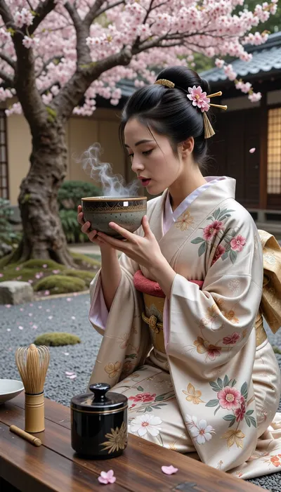 Cinematic photography, geisha in a Japanese garden, wearing a heavy silk kimono with intricate floral embroidery, Katsura wig, and Kanzashi hairpins. She is lifting a handmade ceramic Chawan bowl to her lips. Beside her on a wooden table, a bamboo Chasen whisk and a small, cylindrical black lacquer Natsume tea container with a flat lid. The ground consists of grey raked sand with small, sparse moss patches. In the background, a large blossoming cherry tree with pink petals falling. 8k, hyper-realistic, focus on the texture of the lacquer and the steam from the bowl, sharp details, serene atmosphere.