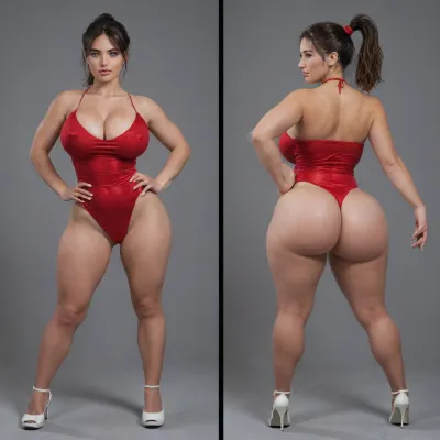 Sexy adult realistic illustration of a sultry, Voluptuous young woman, Photorealistic diptych portrait of the same curvy woman in, (two panels side-by-side:1.3), against a seamless studio background separated by a thin vertical gap, left panel full-frontal view, right panel full-back view, model wearing a form-fitting, (red:1.3), micro mini bodycon dress with deep V neckline, (large cleavage:1.3), (hyper erect nipples:1.3), in front and low scoop back, white high heels, left pose, confident stance, one hand on hip, other hand lightly touching collarbone, soft natural expression, subtle makeup, loose bangs framing face, right pose, hands on hips, hair pulled into a mid-height ponytail revealing back, weight shifted to one leg, even soft studio lighting, clean soft shadows, high detail skin texture, realistic cloth folds, accurate anatomy and proportions, cinematic color grading, ultra-detailed 4k photoreal, crisp edges, neutral tones, minimal post-processing., (detailed skin texture:1.2), soft expression, massive underbutt, (curvaceous body type:1.3), (huge round ass:1.3), (massive round ass:1.3), (bulging bubble butt:1.3), cleft ass, deep buttcrack, (suggestive pose:1.3), (8k, ultra sharp, professional), <lora:bottomheavy_v1_sdxl_LoRA:2>, <lora:BodyLicious:2>, <lora:4panel:.8>