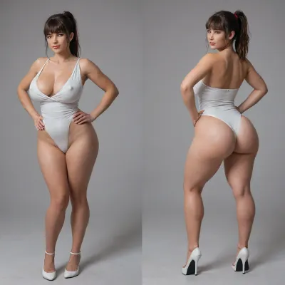 Sexy adult realistic illustration of a sultry, Voluptuous young woman, Photorealistic diptych portrait of the same curvy woman in, (two panels side-by-side:1.3), against a seamless studio background separated by a thin vertical gap, left panel full-frontal view, right panel full-back view, model wearing a form-fitting, (red:1.3), micro mini bodycon dress with deep V neckline, (large cleavage:1.3), (hyper erect nipples:1.3), in front and low scoop back, white high heels, left pose, confident stance, one hand on hip, other hand lightly touching collarbone, soft natural expression, subtle makeup, loose bangs framing face, right pose, hands on hips, hair pulled into a mid-height ponytail revealing back, weight shifted to one leg, even soft studio lighting, clean soft shadows, high detail skin texture, realistic cloth folds, accurate anatomy and proportions, cinematic color grading, ultra-detailed 4k photoreal, crisp edges, neutral tones, minimal post-processing., (detailed skin texture:1.2), soft expression, massive underbutt, (curvaceous body type:1.3), (huge round ass:1.3), (massive round ass:1.3), (bulging bubble butt:1.3), cleft ass, deep buttcrack, (suggestive pose:1.3), (8k, ultra sharp, professional), <lora:bottomheavy_v1_sdxl_LoRA:2>, <lora:BodyLicious:2>, <lora:4panel:.8>
