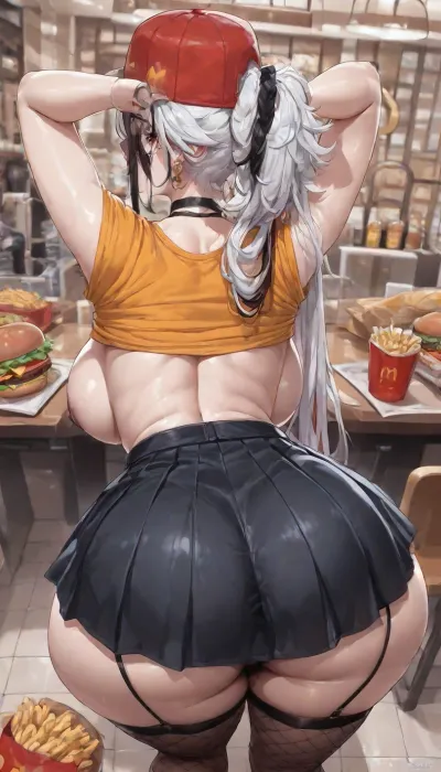 masterpiece, 4K best quality, high quality, absurdres, intricate details, very awa, depth of field, very aesthetic, rating, explicit, Mcdonald's, bimbo, (Yoru mac), 1girl, Arlecchino, (Genshin Impact), pale skin, fair skin, light skin, white skin, plump chubby body, thick soft body, fat rolls, soft belly, thick thighs, wide hips, extremely messy chaotic disheveled hair, very long wild tangled unkempt hair, extremely tangled messy hair, hair strands sticking everywhere, her signature white hair with black streaks heavily sticking to her sweaty pale chubby body, aqua eyes, naughty face, (yellow shirt), t-shirt, red baseball cap, black choker, golden hoop earrings, black short pleated skirt, cropped shirt, navel, shirt lift, from behind, rear view, back view, looking back over shoulder, voyeur view, peeping tom perspective, hidden viewer angle, secretly watching from behind, sneaky angle, partially obscured by foreground objects, through gap, distant perspective, McDonald’s restaurant, restaurant, table, chair, fast food, big mac, burger, French fries, indoors, people in background, (night:1.1), solo focus, realistic, Dutch angle, high heels, black fishnet stockings, <lora:aesthetic_anime_v1s:1.2>, very dark black nipples and areolas only, (deep black plump nipples:1.2), (large dark black areolas:1.15), extremely dense thick bushy armpit hair, (very thick dense bushy armpit hair:1.45), extremely dense thick voluminous pubic hair, (massive thick dense pubic bush:1.4), dense thick anal hair, (thick dense anal hair:1.25)