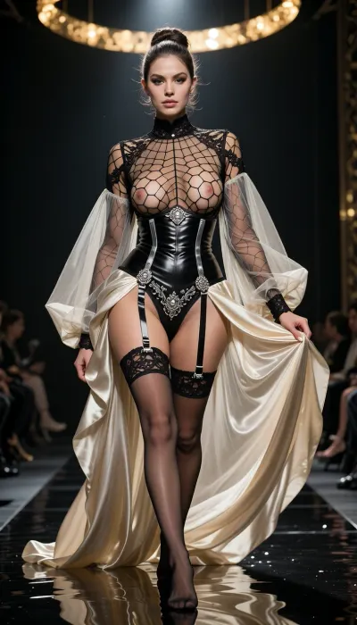 8k high-fashion runway photograph. A dark, liquid-like reflective catwalk. A stunning woman walks with a majestic, fluid gait. She wears an insolent couture ensemble made of ultra-fine, gossamer-thin black spider lace. The structured corset features a wide-spaced, microscopic hexagonal mesh that is entirely see-through, providing zero opacity and revealing the clear, sharp details of her bare breasts and skin through the delicate web. Underneath, a wide, sophisticated silk garter belt with intricate embroidery is prominently featured, its multiple sterling silver clasps and four taut silk straps are clearly visible, symmetrically holding up a pair of sheer lace-topped stockings. Floating independently from her waist, an immense, floor-length negligee of pleated silk chiffon is draped only over her shoulders and arms, billowing and catching the wind behind her like a translucent aura, leaving her entire legs and torso completely unobstructed. Her hair is styled in a sophisticated editorial updo. The lighting is cinematic, a powerful spotlight from above creates a golden 'halo' on the floating chiffon and highlights the sharp silver glints of the hardware and the photorealistic skin textures. Shot from a low angle with an 85mm lens, f/1.8, for a razor-sharp focus on the anatomical clarity and the metallic glints. Rich palette of deep black, champagne gold, and luminous skin tones. Breathtakingly sexy and ultra-sophisticated.