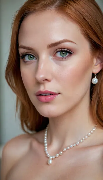 helen is my wife, stunning elite woman, 25 years old, ginger woman, medium length light ginger hair, fit body, very beautiful face, green eyes, perfect light ginger hair, white skin, round breasts, pink lips, eyeliner, light brown eyebrows, no make-up, seductive view, She has a smooth and radiant complexion, shy, tattoos her arms, wedding rings, luxury necklace, perfect red nails, small pearl earrings, very realistic, 8K, very realistic.A hyperrealistic portrait of a beautiful woman with elegant and attractive facial features, smooth skin with natural texture, expressive eyes, a warm confident smile. She has refined cheekbones and soft feminine lines, wearing subtle natural makeup that enhances her beauty. The lighting is soft and cinematic, creating a flattering glow on her face. Ultra-detailed skin pores, realistic depth of field, 8k resolution, professional studio photography style, sharp focus, highly realistic, looks like a real person. She is naked, frontal view, pearl necklace, closeup