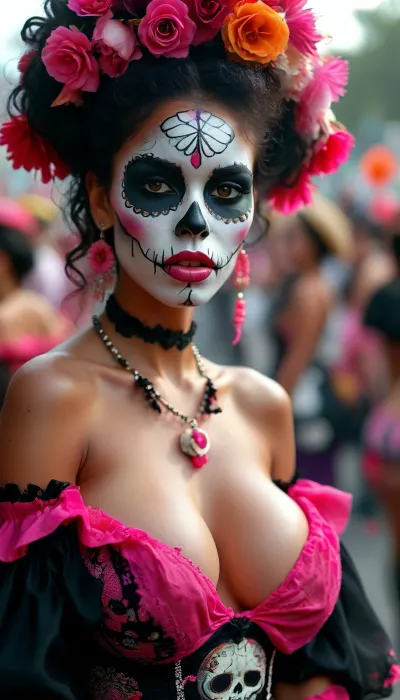 Long shot, full body image, dia de los muertos, Afro beauty with skull face paints sticking out her very long pink tongue, huge parade in Mexico City, Day of the Dead, traditional Mexican dress in black, cleavage, off shoulder dress, but, large, breasts, big, boobs, huge, tits, <lora:BUT_SDXL_SHS:.8>, <lora:MJ52:.8>, <lora:bombshell_v2:.4>