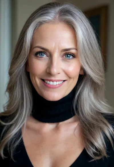 58 year old woman, grey long hair, extremely beautiful, warm and inviting smile, seducing smile, charming smile, looking at me, inviting me to come closer. Wearing black turtleneck, blue eyes, sparkling eyes, picture of upper body and face only