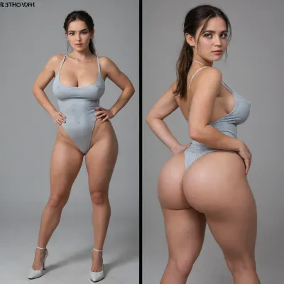 Sexy adult realistic illustration of a sultry, Voluptuous young woman, Photorealistic diptych portrait of the same curvy woman in, (two panels side-by-side:1.3), against a seamless studio background separated by a thin vertical gap, left panel full-frontal view, right panel full-back view, model wearing a form-fitting, (red:1.3), micro mini bodycon dress with deep V neckline, (large cleavage:1.3), (hyper erect nipples:1.3), in front and low scoop back, white high heels, left pose, confident stance, one hand on hip, other hand lightly touching collarbone, soft natural expression, subtle makeup, loose bangs framing face, right pose, hands on hips, hair pulled into a mid-height ponytail revealing back, weight shifted to one leg, even soft studio lighting, clean soft shadows, high detail skin texture, realistic cloth folds, accurate anatomy and proportions, cinematic color grading, ultra-detailed 4k photoreal, crisp edges, neutral tones, minimal post-processing., (detailed skin texture:1.2), soft expression, massive underbutt, (curvaceous body type:1.3), (huge round ass:1.3), (massive round ass:1.3), (bulging bubble butt:1.3), cleft ass, deep buttcrack, (suggestive pose:1.3), (8k, ultra sharp, professional), <lora:bottomheavy_v1_sdxl_LoRA:2>, <lora:BodyLicious:2>, <lora:4panel:.8>