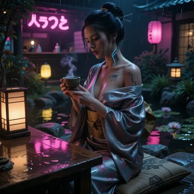 Japanese geisha in a neon Japanese garden at night, futuristic Japanese noir, futuristic silk kimono partially loosened on one side, cinematic reflections, moody lighting, (subtle background glowing lanterns, pink and yellow, and their reflections), she holds in her hands a tea cup, a bit of vapor coming from it that she looks at, (((there is not other cup that the one she drinks of))), traditional Japanese wood table, she sits on a traditional Japanese pillow, calm night atmosphere, cyberpunk, a small traditional Japanese garden pond with water lilies in the background . lingering moisture on stone surfaces, post-rain reflections, she is illuminated by a dim paper lantern on the table, deep shadows, heavy darkness, in background there is a bar sign in Japanese characters in pink neon, wet hair, subtle cybernetic circuits across her left shoulder and neck skin, A24 movie aesthetic, cinematic picture, masterpiece, soft rim lighting, beautiful face, subtle grain, zoom on her from waist to head