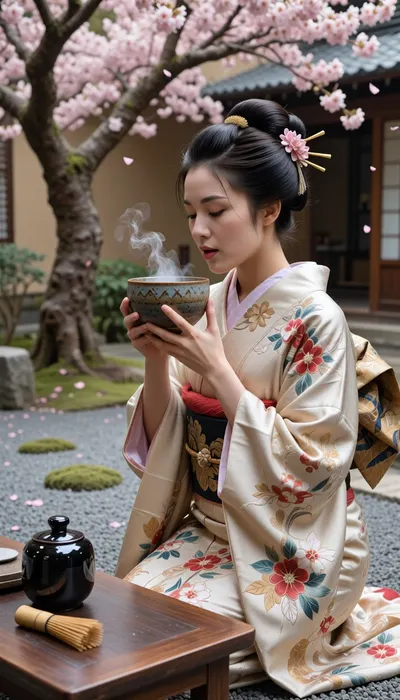 Cinematic photography, geisha in a Japanese garden, wearing a heavy silk kimono with intricate floral embroidery, Katsura wig, and Kanzashi hairpins. She is lifting a handmade ceramic Chawan bowl to her lips. Beside her on a wooden table, a bamboo Chasen whisk and a small, cylindrical black lacquer Natsume tea container with a flat lid. The ground consists of grey raked sand with small, sparse circular moss patches. In the background, a large blossoming cherry tree with pink petals falling. 8k, hyper-realistic, focus on the texture of the lacquer and the steam from the bowl, sharp details, serene atmosphere.