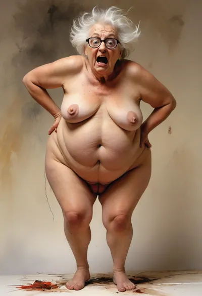 Ralph Steadman Style, Ralph steadman style, shocked and suprised curvy nude curvy old woman, <lora:Ralph Steadman Style:1>