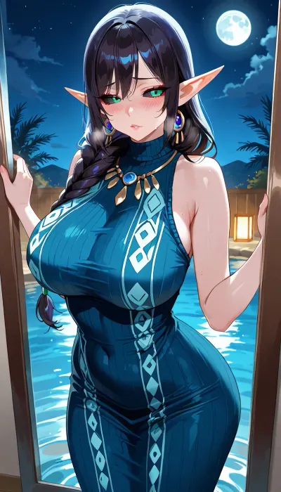 score_6, original, milf, mature female, (black long hair), (very short elf ears), black Sclera with bright blue iris, messily braided plait over her shoulder, beautiful eyes, sensual mouth, medium-sized breasts, blush, big ass, .

blue Knitted sleeveless sweater with décolletage dress, dress with tribal pattern, woman has draped a wool stole with a tribal pattern over her shoulders, luminous blue bangles, standing on water, mirror-smooth water surface, night, full moon, lagoon, .

sensual mouth, Perfect face, perfect body, perfect eyes, perfect pupils, perfect fingers, round ass, (High, Resolution), (More, Details), (8K), DauntlessXL, Style, Fleshy, lips, Puffy, Detailed, wide, <lora:torino-XL-v2-ep20:.7>, <lora:DauntlessMixSDXL:.7>, <lora:Lips._Fleshy_lips_Anime-000009:.8>, <lora:ClearKing_XL_v1_AutoRunMech:.8>