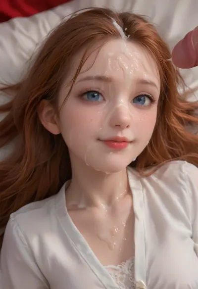 young redhead smiling woman, (long hair), (lots of cum:1.8), (cum on her forehead:1.8), close up of face and neck from the side, looking at viewer, (big penis draped on the top of her head), blue eyes, white ethereal background, laying in bed, (cum pooling on neck), perfect skin, pink lips, bukkake, <lora:MS_Real_XL_Bukkake:.8>, facial, <lora:Facials:.8>, woman, cum, on, face, <lora:JustCum:.8>