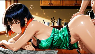 "Woman having peaceful moment, ruined!", score_9, score_8 up, A masterpiece, the best quality, ultra-detailed hentai anime image, 2d_anime_style, flat_shading, cel_shading, clean_lineart, bold_lines, anime_screencap, retro_shonen_anime_style, expressive_faces, vibrant_flat_colors, simple_shadows, limited_palette, dynamic_pose, hand_drawn_style, crisp_edges1girl1boy, . Naked man with erect penis is sitting at the kitchen table, side view. female in green satin nightgown seated astride him having sex, penis in vagina. Woman is doing crossword in a newspaper, folded on the table, pen in 1 hand, absorbed in the puzzle. Woman turns head slightly towards man and shoots man the side‑eye, and screws up her face, clearly annoyed at him, Photorealistic, soft cinematic lighting, rich colour depth, shallow depth of field, detailed clothing textures, natural skin tones, crisp highlights, gentle background bokeh, full‑frame realism.anime_colour_grading, soft_flat_highlights, simple_background_detail, stylized_proportions, smooth_gradients