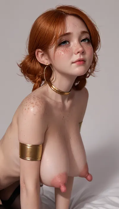 glasses, Tall skinny irish princess, solo, (old milf:1.5), (pale skin:1.8), albino, back view, on knees, leaning forward, arms tied, (freckles on face:1.9), (freckles all over body:1.9), angry look on face, big hoop earrings, gold armbands, gold choker, black eyeliner, eye shadow, braided pigtails, blunt bangs, ginger hair, black latex stockings, (skinny:1.6), (((puffy nipples, long nipples, big nipples))), (puffy nipples:1.2), (long conical tits), (sagging boobs), (pubic hair), (hairy vagina), 8K, UHD, side view, longnips, pale, skin, <lora:milkers_v2:1.2>, <lora:longnipsxl:.6>, <lora:Pale_Skin_SDXL_v1.0:.8>