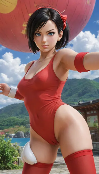 (Masterpice), (HD4K visual), (detailed background), 4K ultra-detailed image, HDR, enhancement, professional photography, detailed face, precise anatomy, (perfect body symmetry), (5 fingers per hand), maximum resolution, NSFW, "Anime style portrait of Videl from Dragon Ball Super, fair-skinned young woman with vivid blue eyes and short black hair, wearing a red headband, She is dressed in a simple red dress with a small devil face emblem on the chest, black leggings, and white high-heel boots. Slender yet athletic build, perky breasts, hairy pussy, soft and friendly expression, high-quality 2D digital art, breasts exposed, gumdrop nipples, bent over, on hands and knees, rear pussy exposed, showing off pussy, behind view, looking back at viewer, Akira Toriyama character design style, vibrant colors, clear sky background", Vidal, (dragon, ball_), PEAnimeBG, Background, anime, scenery, <lora:Dragon Ball_XL:1.4>, <lora:PE_AnimeBG:1.4>, <lora:rearpussy-xl-1.0:1.4>