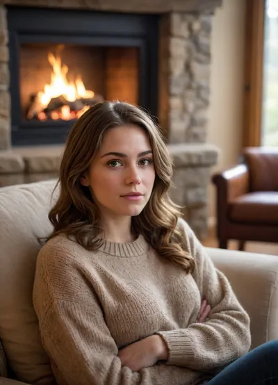 RetroA photorealistic portrait of a young woman with wavy, shoulder-length light brown hair, sitting relaxed in a large, soft brown armchair. She is wearing a chunky-knit sweater with a distinct texture. Her expression is calm and slightly melancholic, her gaze directed at the viewer. Behind her is a large fireplace with a brightly burning fire, visible flames, and logs. Warm golden light illuminates her face. To the right is a window with soft, natural, overcast daylight and a blurred view of the trees outside. A cozy, intimate atmosphere, cinematic lighting, a strong contrast between the warm light of the fire and the cool daylight, highly detailed textures, realistic fabrics and stone, shallow depth of field, photorealism