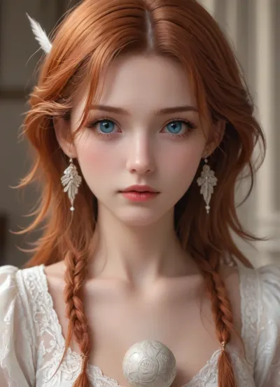 woman, (beautiful Lady at ball), ginger hair, intricate ginger hair style with feather ornament, symmetrical features, fantastic, whimsical, white intricate lace victorian silk and lace underwear, evermore fashion, elie Saab, iris van herpen, opulent ballroom background, high details on face, karol bak, luis royo, Victo Ngai, Vibrant, Wlop, Kuvshinov, Character Design, TXAA, 32k, Highly Detailed, Dynamic Pose, Intricate Motifs, Organic Tracery, Perfect Composition, Digital Painting, Artstation, Smooth, Sharp Focus, Illustration, hyperdetailed, greg rutkowski, Laura sava, realistic, Hyperrealism