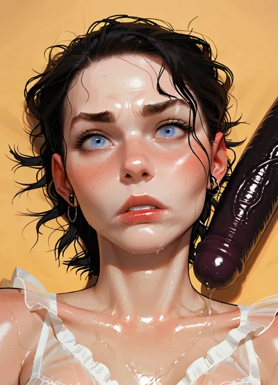 Kyra lies on her back, frustrated expression, negligee, (yellow background), inserts a massive dildo into her wet dripping pussy, (Espresso:.8), from above, (close-up), incase, style