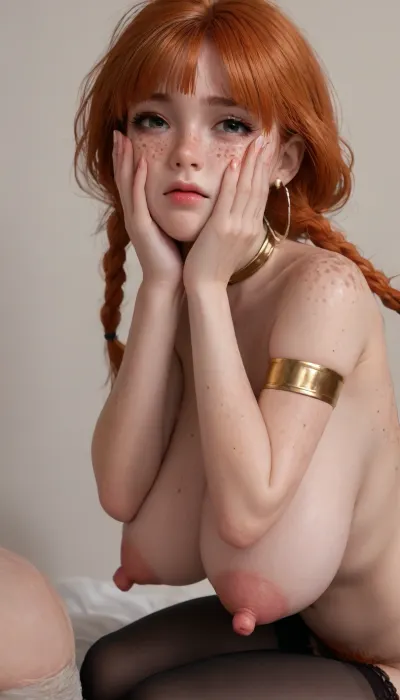 glasses, Tall skinny irish princess, solo, (old milf:1.5), (pale skin:1.8), albino, back view, on knees, leaning forward, arms tied, (freckles on face:1.9), (freckles all over body:1.9), angry look on face, big hoop earrings, gold armbands, gold choker, black eyeliner, eye shadow, braided pigtails, blunt bangs, ginger hair, black latex stockings, (skinny:1.6), (((puffy nipples, long nipples, big nipples))), (puffy nipples:1.2), (long conical tits), (sagging boobs), (pubic hair), (hairy vagina), 8K, UHD, side view, longnips, pale, skin, <lora:milkers_v2:2>, <lora:longnipsxl:2>, <lora:Pale_Skin_SDXL_v1.0:2>