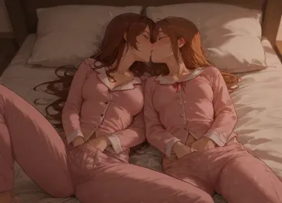 two women, lying together, small breasts, medium breasts, tall, short, wearing long pajamas, on bed, (), legs spread, masturbating, kissing, (hand in pants), leaking, drenched pants, hips up, squirming, sweaten, trembling