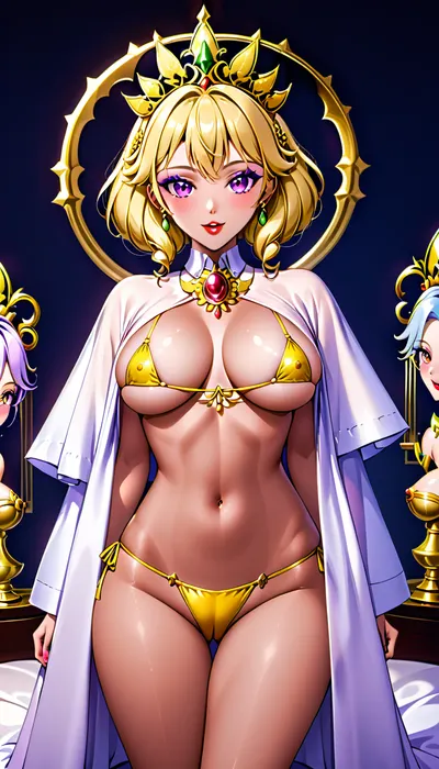 Une image d'anime en pied, de style hentai. Une mannequin brune aux longs cheveux ondulés et aux yeux verts perçants est assise sur une chaise longue sur le pont arrière d'un yacht moderne. Sa silhouette se détache sur le ciel bleu azur et l'océan infini. Elle porte un bas de bikini transparent en soie et dentelle, aux détails et textures intrigants qui scintillent au soleil. Le bas est relevé sur le côté, permettant la masturbation. La mannequin adopte une pose dynamique, idéale pour un shooting de mode, créant une impression de mouvement et d'énergie. Les jambes écartées, un sourire mystérieux et malicieux illumine son visage. Une main repose sur sa poitrine, pinçant son téton, tandis que l'autre caresse son sexe rasé. Au premier plan, on aperçoit les détails chromés et élégants du yacht, ainsi que quelques accessoires épars, comme des lunettes de soleil et une écharpe, qui ajoutent une touche ludique et insouciante à l'atmosphère générale. Au premier plan, les lignes élégantes et modernes du yacht dominent le paysage, tandis qu'à l'arrière-plan, quelques marins et membres d'équipage vaquent discrètement à leurs occupations. L'océan s'étend à perte de vue, offrant un panorama exceptionnel sur l'horizon, avec plusieurs îles et voiliers qui confèrent profondeur et perspective à la scène. La lumière, vive et pure, arbore une subtile teinte dorée qui met en valeur les textures et les couleurs du tailleur du mannequin, ainsi que les reflets de l'eau et les détails métalliques du yacht. L'atmosphère est légère et aérienne, une douce brise marine caresse les cheveux et la robe du mannequin, créant une impression de mouvement et de vie. La composition repose sur la règle des tiers, le mannequin, légèrement excentré et le regard tourné vers l'horizon, accentue la perspective et la profondeur. L'appareil photo, placé à hauteur des yeux du mannequin, est équipé d'un objectif 85 mm f/1.4 qui offre une grande richesse de détails et une belle profondeur de champ, créant ainsi un magnifique flou d'arrière-plan. La palette de couleurs, chaude et riche, est dominée par les tons bleus et blancs, soulignant le style épuré et moderne du yacht et la tenue avant-gardiste du mannequin, inspirée des mangas. L'atmosphère est légère et ludique, avec une touche de luxe et de sophistication, en accord avec le style raffiné et l'esthétique manga de Harper's Bazaar. Le mannequin paraît confiante et détendue, comme si elle savourait la liberté et l'exaltation d'une séance photo sur un yacht, et l'ensemble dégage une joie insouciante.