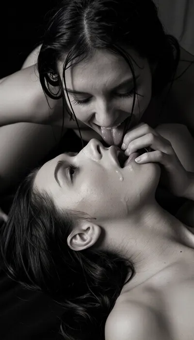 She is lying on her back, and her friend is sitting on her face, she loves the sensation of a vagina gliding over her face, leaving her entire face wet, soft dramatic black and white photography, high contrast, deep shadows, elegant chiaroscuro, film noir inspired, realistic skin texture with pores and subtle details, masterpiece, fine art nude, photorealistic yet artistic, canon 5d mark iv, 85mm lens, f2.8, medium format quality, 8k, ultra detailed, sharp focus, timeless beauty, professional studio lighting, no clothing, no accessories except natural body, hint of stubble pubic hair, She looks up along her friend's excitedly moving body, gazes into her face, and screams with pleasure