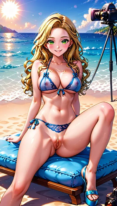 Full-length anime image, hentai style. A brunette model with long wavy hair and piercing green eyes, sitting on a sun lounger on the aft deck of a modern yacht, stands out against the azure blue sky and the endless ocean. She is wearing a transparent silk and lace bikini, with intriguing details and textures that sparkle in the sun. The bikini bottom is slightly apart, allowing the model to access her privacy to masturbate. Sitting on a lounge chair, she strikes a dynamic pose, perfect for a fashion shoot, creating an impression of movement and energy. With her legs spread, she lights up her face with a mysterious and mischievous smile. With one hand, she strokes her nipple, with the other, she caresses her shaved vagina, fingers her clitoris, and masturbates. The sea breeze blows through her hair, creating a gentle, wavy effect. In the background, the endless blue sea stretches, its waves gently caressing the hull of the yacht. The sun hangs low on the horizon, casting a warm, golden light across the entire scene. The light is soft and gentle, with a slight rim of contrast around the girl's figure, emphasizing her form. The atmosphere is calm and peaceful, with a light scent of seawater and salty breeze. The composition is tight, with the girl taking up most of the frame and the sea serving as a deep, blue backdrop. The camera is positioned close, focusing on the girl's face and figure, while the background is slightly blurred, creating a sense of depth and distance. The overall effect is calm and carefree, as if the girl is enjoying a sunny day at the seaside., <lora:a31_style:.8>