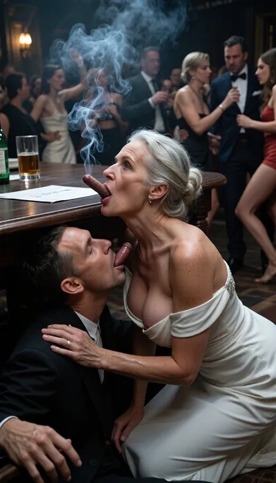 An elderly woman of 70, (kneeling under a table:1.6), (performing fellatio on a seated man:1.2), wearing an elegant white dress that reveals a large breast, looking upwards, sweating, hair disheveled, fellatio, blowjob, (the man watches her:1.4), she hides under the table, several drunken guests dancing in the blurred background, ballroom, top view, cigar smoke haze in the air, filled with dust and smoke, dark cinematic lighting, tense but charismatic atmosphere, crowd, of, people, cloudy, smoke, atmospheric, clouds, fog