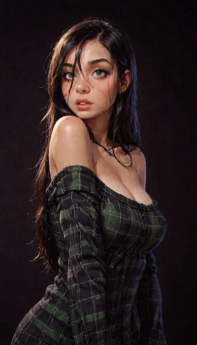 (reiq meets innv and Jack cayless art style), (Incase style:1.2), upper body, 30yo woman, black hair, long hair, tied neckwear, bangs over eye, symmetrical eyes, snub nose, plumb lips, parted lips, teeth visible, half-closed eyes, perfect natural breasts, erect puffy nipples, solo, (motion lines), beautiful curves of the body, realistic detailed, deep insertion, rim light, green checkered shirt, ((dressed)), one bare shoulder, (dark background, simple background:1.8), skin texture, futuristic-fantasy-anime, incase, style, <lora:sd_xl_turbo_lora_v1-64dim:2>, <lora:futureistic_fantasy_anime_sdxl_v1:2>, <lora:Incase_Style__SDXL:2>