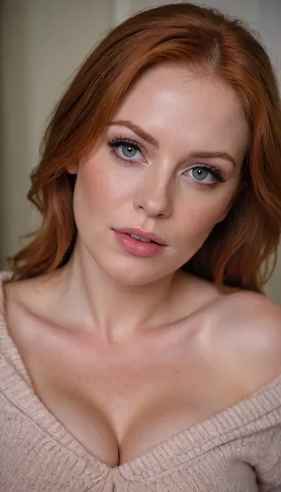 soft lips, mesmerizing eyes, redhead teacher, seducing viewer, romantic atmosphere, busty, curvy, close-up, mommy fetish, straight hair, secret fling, off-shoulder, fluffy sweater, sweaty skin, closet, undressing, wet