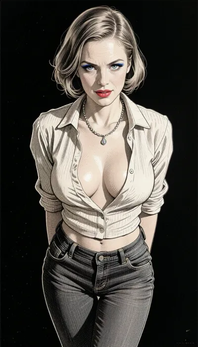 (Line art:2), (monochrome sepia ink drawing, no other color:2), (black and white:2), black background., 1woman, solo, (front view from below), (frog perspective wide frame drawing of extremely submissive coy 30yo 1950s middle-class housewife standing posing), unbuttoned blouse, Woman standing, (with completely closed legs:2), (and straight knees), (knees together:2), Her big eyes looking directly down at viewer, conveying a sense work of nervousness and eagerness to please. She is smiling nervously, Her hands are resting behind her body. perfect short bobcut with bangs, beautiful sagging boobs.
tight jeans, long legs, thin, silver-colored chain necklace with a small pendant hangs around neck, resting above cleavage. blue eye make-up, Horny sexy mum. beautiful, very enchanting and attractive. Movie-star material. angular face., (Pronounced waist), . very thin athletic body, pouting glossy red lips, stylized sepia ink drawing, pen and ink technique, with cross-hatching and line work. Style of Stramaglia. Style of Bruno LeCoq. Style of Gotha. Drawn using line drawing and cross-hatching techniques to create volume, depth, and shadows. Drawn on textured paper. Fine lines and shading are visible throughout the drawing. Pen and ink style. Fine marine ink, fine pen and ink lines, surgical precision strokes in the fine details and firmness in the details of the thicker lines. Precise pen shading, ink drawing.