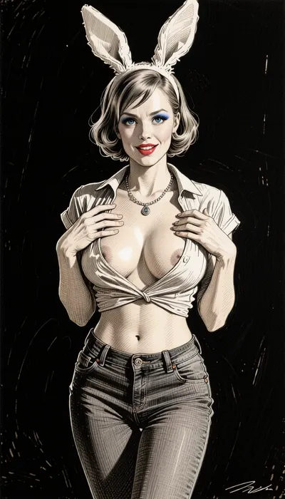 (Line art:2), (monochrome sepia ink drawing, no other color:2), (black and white:2), black background., 1woman, solo, (front view from below), (frog perspective wide frame drawing of extremely submissive coy 30yo 1950s middle-class housewife standing posing), unbuttoned blouse, Woman standing, (with completely closed legs:2), (and straight knees), She is wearing bunny ears, Her big eyes looking directly at viewer, conveying a sense work of nervousness and eagerness to please. She is smiling nervously, Her hands are touching the cleavage. perfect short bobcut with bangs, beautiful sagging boobs.
tight jeans, long legs, thin, silver-colored chain necklace with a small pendant hangs around neck, resting above cleavage. blue eye make-up, Horny sexy mum. beautiful, very enchanting and attractive. Movie-star material. angular face., (Pronounced waist), . very thin athletic body, pouting glossy red lips, stylized sepia ink drawing, pen and ink technique, with cross-hatching and line work. Style of Stramaglia. Style of Bruno LeCoq. Style of Gotha. Drawn using line drawing and cross-hatching techniques to create volume, depth, and shadows. Drawn on textured paper. Fine lines and shading are visible throughout the drawing. Pen and ink style. Fine marine ink, fine pen and ink lines, surgical precision strokes in the fine details and firmness in the details of the thicker lines. Precise pen shading, ink drawing.