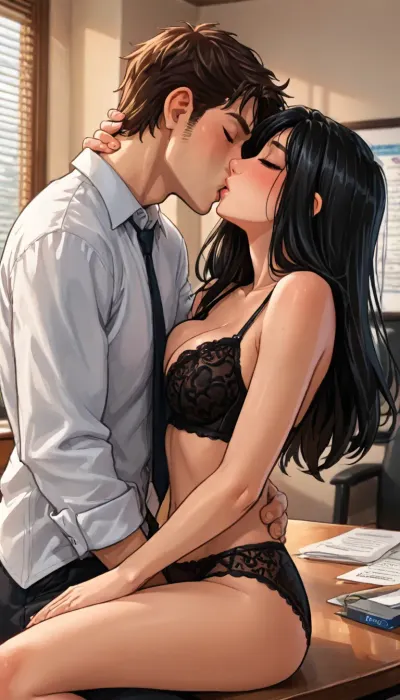 Score_9, score_8_up, score_7_up, (reiq meets innv and markgavatino style:1), in office, Asian woman wearing black lingerie and thong is sitting on a man's thigh, hugging him on the neck, they are kissing, man is groping on her breast, slim and slender body, office, kissing, cleavage, (High, Resolution), (More, Details), (8K), <lora:LCMTurboMix_Euler_A_fix:1.4>, <lora:EnvyBeautyXL02:1.5>, <lora:SDXLSamDoesArts:1.8>, <lora:盘山:.8>