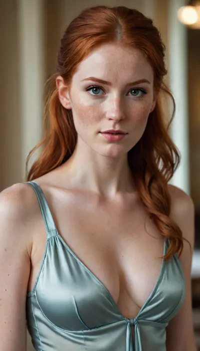 Gorgeous, cute tall redhead woman, loose fitting silk, shiny silk, delicate fabric, sleeveless, deep cleavage, stockings, perfect slim body, thin hourglass figure, skinny arms, looking at viewer, seductive pose, blurry background, realistic, realism, realistic skin, freckles, dimples, cute tall, redhead half ponytail, messy hair, 1woman
