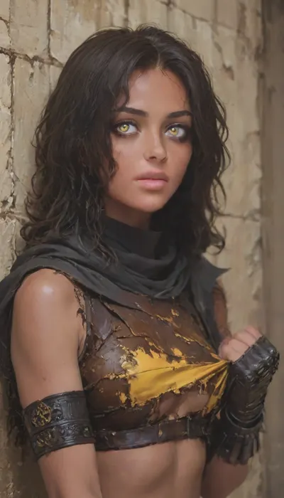 A beautiful fantasy rogue with a seductive figure, dark brown female skin, long messy curly black hair and yellow eyes. She is wearing a cropped black leather turtleneck top, a long hooded black cloak, a black mask pulled over her mouth and nose, fingerless black leather gauntlets, a tiny black g-string and long skirt with pelvic curtain, and black leather thigh-high boots. She has a dagger holstered on her thigh. She is standing dramatically, with one hand on her damaged top. She has an intense stare. She is alleyway in a gothic fantasy city. It is a dark and stormy night. There is a large full moon. Art style, anime or semi-realistic with a fantasy mood, hdr, perky breasts, big ass, huge legs, eye shadows, ratatatat74, look, at, my, prompts, <lora:cartoon_stickers_xl_v1:.8>, <lora:outline_xl_kohaku_delta_spv5x:.8>, <lora:ratatatat74-000050:.8>, <lora:NEOTOKIOXL_0.2_RC:.8>, Brown, skin, <lora:Tan_Pokemon_Anime_style_girl:.8>