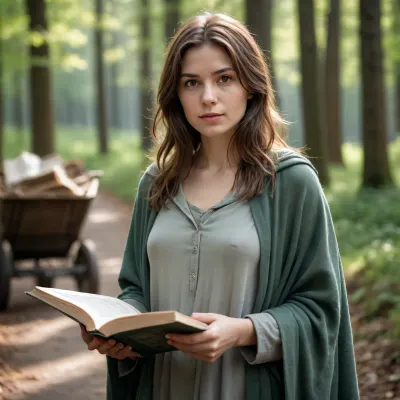 Light forest, bright sunlight, slender 30 years old woman, messy brown hair, simple gray tunic, washed green cloak, broken cart in background, women holding book in hands, small breasts
