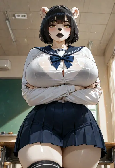 Simple background, classroom, masterpiece, high quality, best quality, ((anthro female, polar bear woman, anthrofied, ursine, black hair, Bob cut, firm taut spherical huge breasts, thick lips, glossy black lips)), crossed arms, (wearing a sailor with collar ribbon and slouch socks, pleated school skirt, dress shirt), (shy pose, black bra visible through clothing, front angle view, from below), finger claws, (yellow eyes), busty figure, (((furry art, anthro woman))), ultra detailed face, <lora:add-detail-xl:1.2>, <lora:LCMTurboMix_Euler_A_fix:.8>