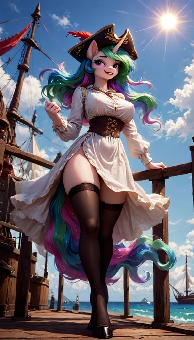 (Princess celestia), MILF, (((pony))), developing hair, makeup, smile, showing teeth, perfect tail, rosy cheeks, furry, anthro, hooves horse, hooves on the feet, Anfisa, sun in sky, wind, big breasts, erect nipples under clothing, pirate sexy clothes, Pirate hat, black stockings, stands on the pier, ship, looking away, view from below, side view, <lora:Pony_MLP_v1.8SDXL:.8>, <lora:Anfisa_Fox_Riot-XL:1.9>, <lora:LCMTurboMix_Euler_A_fix:1.3>, <lora:princess_xl_v2:1.3>
