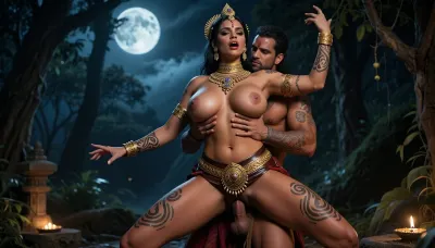 Cinematic Vedic fantasy, 16k. A regal Rakshasi Woman in a dominant embrace with a muscular Kshatriya Man ascetic in a moonlit forest Ashram. Woman on top, rounded breasts, massive ass, flat stomach, standing, orgasm penetration, ballerina position, She is adorned in ornate temple jewelry, a heavy gold choker, and a traditional intricate leather-and-gold waist belt, (Kamarbandh), . Her skin is decorated with swirling tribal marks. Dramatic chiaroscuro lighting, diyas. Full body View.