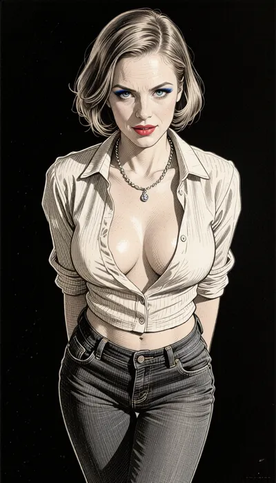 (Line art:2), (monochrome sepia ink drawing, no other color:2), (black and white:2), black background., 1woman, solo, (front view from below), (frog perspective wide frame drawing of extremely submissive coy 30yo 1950s middle-class housewife standing posing), unbuttoned blouse, Woman standing, (with completely closed legs:2), (and straight knees), (knees together:2), Her big eyes looking directly down at viewer, conveying a sense work of nervousness and eagerness to please. She is smiling nervously, Her hands are resting behind her body. perfect short bobcut with bangs, beautiful sagging boobs.
tight jeans, long legs, thin, silver-colored chain necklace with a small pendant hangs around neck, resting above cleavage. blue eye make-up, Horny sexy mum. beautiful, very enchanting and attractive. Movie-star material. angular face., (Pronounced waist), . very thin athletic body, pouting glossy red lips, stylized sepia ink drawing, pen and ink technique, with cross-hatching and line work. Style of Stramaglia. Style of Bruno LeCoq. Style of Gotha. Drawn using line drawing and cross-hatching techniques to create volume, depth, and shadows. Drawn on textured paper. Fine lines and shading are visible throughout the drawing. Pen and ink style. Fine marine ink, fine pen and ink lines, surgical precision strokes in the fine details and firmness in the details of the thicker lines. Precise pen shading, ink drawing.