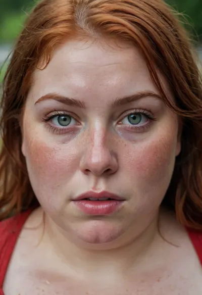sweaty summer heat, the round, plump face of a 21-year-old fat woman, full lips, greygreen eyes, messy wet red hair, freckles, very sweating