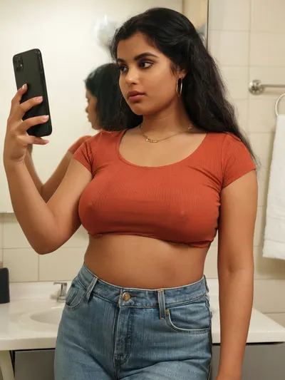 private fleeting candid moment, analog film photography, film grain, photorealistic, warm soft dorm room lamp light, adult Tamil woman college age taking a mirror selfie alone in her dorm bathroom phone raised in one hand slightly defiant slightly nervous the expression of someone doing something they have never done before and liking it, tamil dravidian very deep warm brown skin, (dark skin:1.1), melanin rich smooth youthful natural skin texture, (naturally large dark deep brown areola authentic to her dravidian tamil skin tone:1), (full figured naturally curvaceous build:1.1), (heavy full bust disproportionate to her frame:1.5), (heavy bust with significant natural weight and droop:1), soft naturally rounded belly, (wide round full hips:1.1), very full thick thighs slim defined waist, youthful fresh faced features soft round face wide-set dark almond eyes thick dark naturally defined brows soft full lips warm nude lip the beginnings of makeup she taught herself from YouTube barely-there but intentional small gold nose stud, very long thick dark hair worn loosely down unbraided uncontrolled the way her mother never lets her wear it, small gold hoop earrings a thin gold chain, a fitted deep rust orange ribbed crop top the crop hem sitting above her belly button her soft rounded belly and belly button fully exposed, high waist wide leg light wash denim jeans, one hand holding the phone toward the bathroom mirror the other loosely at her side the dorm bathroom mirror showing her reflection and the phone screen simultaneously, the particular expression of a young woman who is becoming someone her parents back home would not immediately recognize and is not sure yet whether that terrifies her or thrills her — both, bright white dorm bathroom tiles the mirror above the sink the ordinary dorm bathroom the backdrop for this very private act of self-expression, very shallow depth of field sharp focus on her reflection in the mirror the phone in her hand the crop top the exposed belly the unbraided hair photorealistic 4K.

chest, very dark dimly lit room, <lora:clothed_small:.8>, <lora:milkers_v2:1.6>
